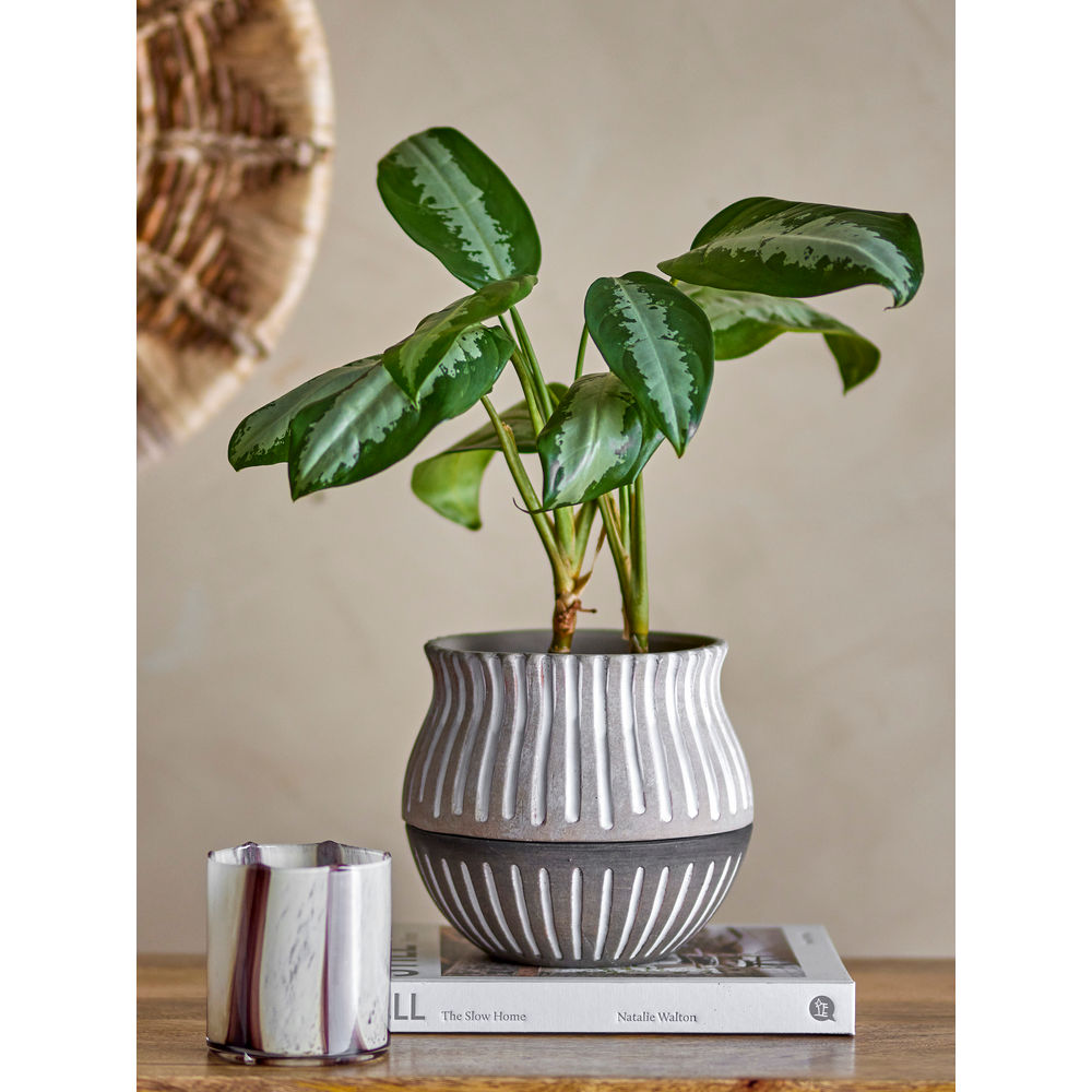 Bloomingville Neliya Pot de fleurs avec plat, gris, terre cuite